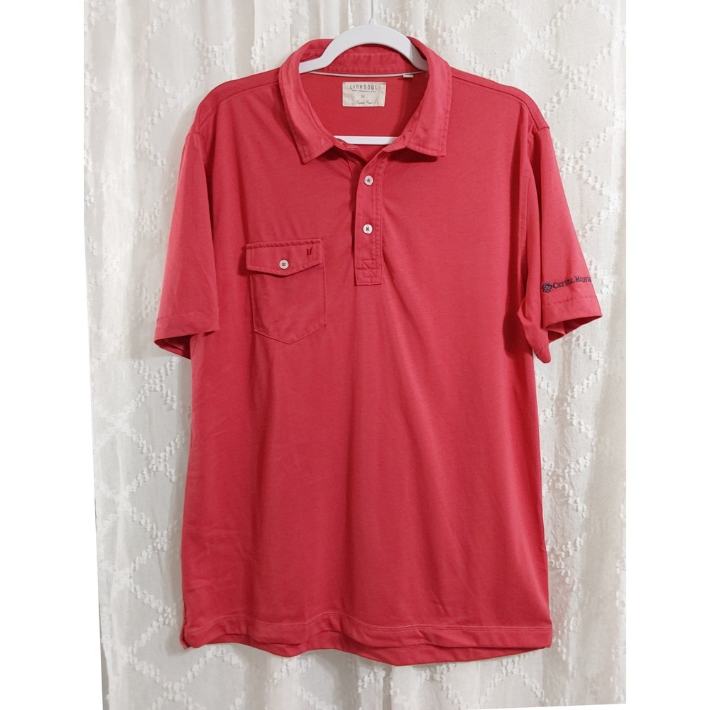 Linksoul Mens Medium Salmon Pink Crystal Mountain Short Sleeve Pocket Polo Shirt
